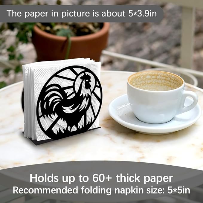 Chicken Decorative Black Metal Napkin Holder for Table, 4.9" x 4.6" x 2" Rooster Farm Animal Standing Napkin Holder for Home Kitchen Restaurant Picnic Party Coffee Bar Dining Room