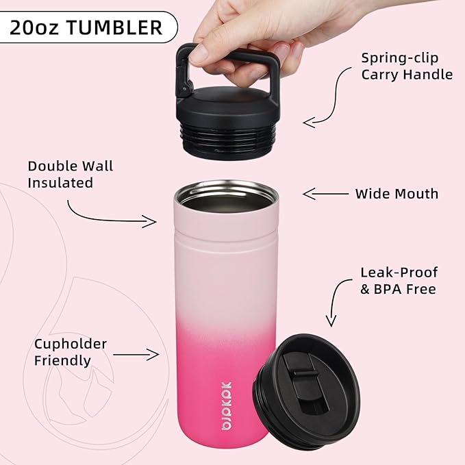 BJPKPK Insulated Water Bottle with 2 Lids,20 oz Double Wall Stainless Steel Vacuum Tumbler Travel Coffee Mug,Wide Mouth Thermal Cup,Cherry Blossom