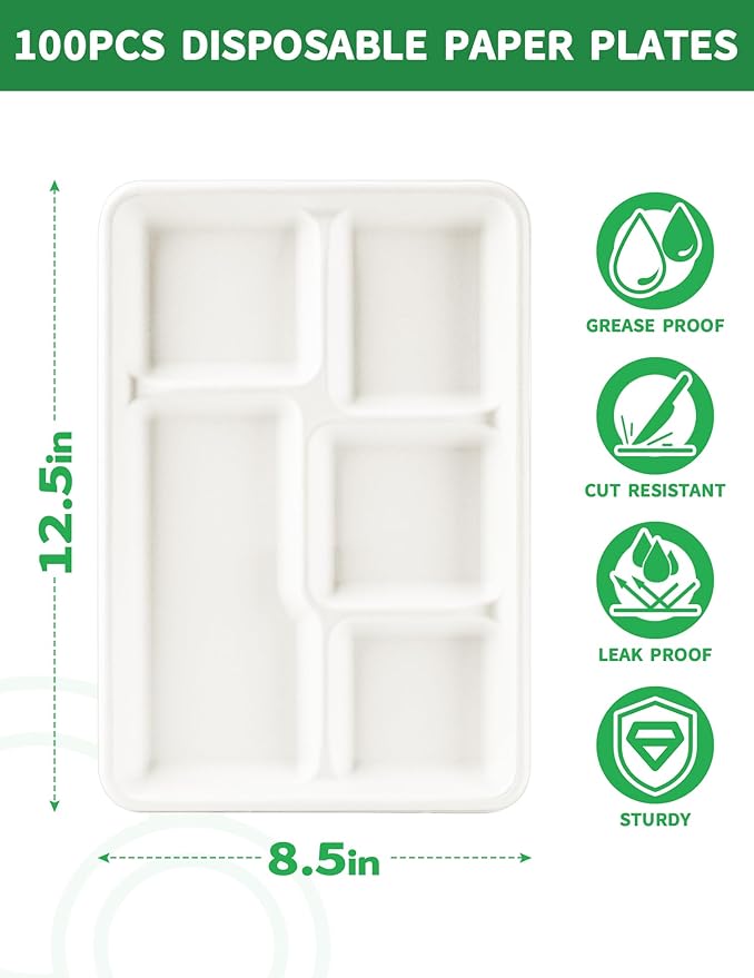 100% Compostable 5 Compartment Plates - 100 Pack Heavy Duty Lunch Trays, 12.5x8.6 Inch Disposable Bagasse Plates for School, Party, Buffet | Eco-Friendly Paper Trays with Dividers