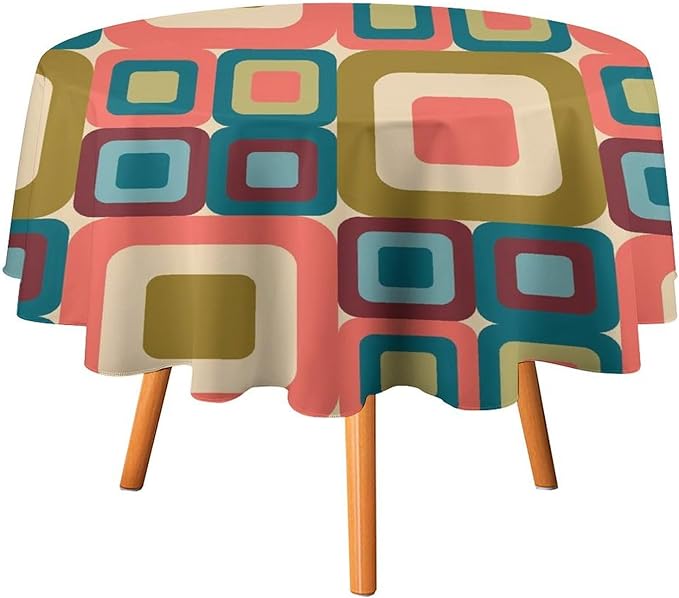 Abstract Geometric Round Tablecloth, Mid Century Modern Middle Century Abstract Patterns Print Tablecloth for Home Party Dining Room Kitchen Decor 50Inch(127cm)