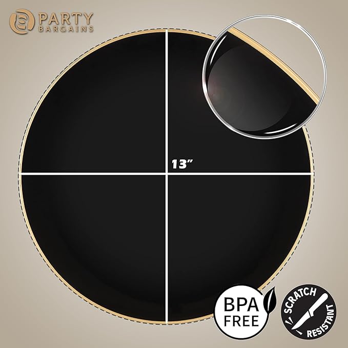 PARTY BARGAINS 13-Inch Charger Plates - 8 Pack, Organic Collection Black Gold Rim, Heavy-Duty Disposable Chargers for Elegant Dining - Ideal for Weddings and Formal Events