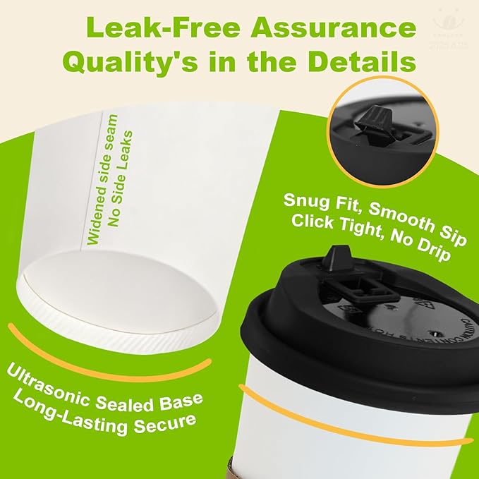 100 Pack 12 oz Disposable Coffee Cups with Lids and Sleeves, Leak-Proof To Go Coffee Cups, PLA White Paper Coffee Cups for Hot Beverage