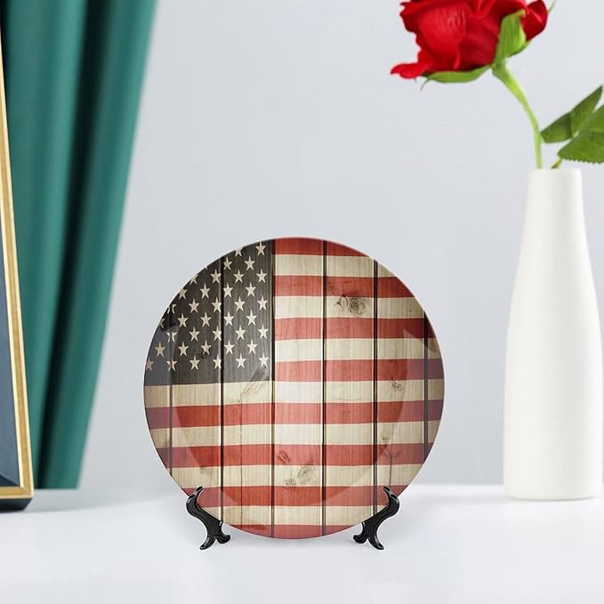 Ceramic Plates, American Flag Decor Decorative Ceramic Plates, USA Flag Over Vertical Striped Wooden Board, 8 Inch, for Dining, Parties, Wedding, Blue Red
