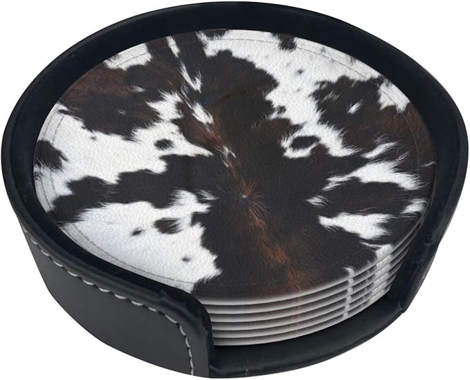 Cow Print Coasters for Drinks with Holder Round Leather Coasters Set of 6 Cups Mugs Mat Pad for Home Kitchen Bar