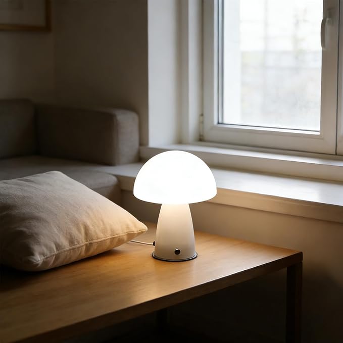 White Small Mushroom Lamp,3000K Warm Ambient Lighting Bedroom,Small Bauhaus Lamps for Nightstand,Mid Century Modern Table Lamp for Living Room Study Room Office