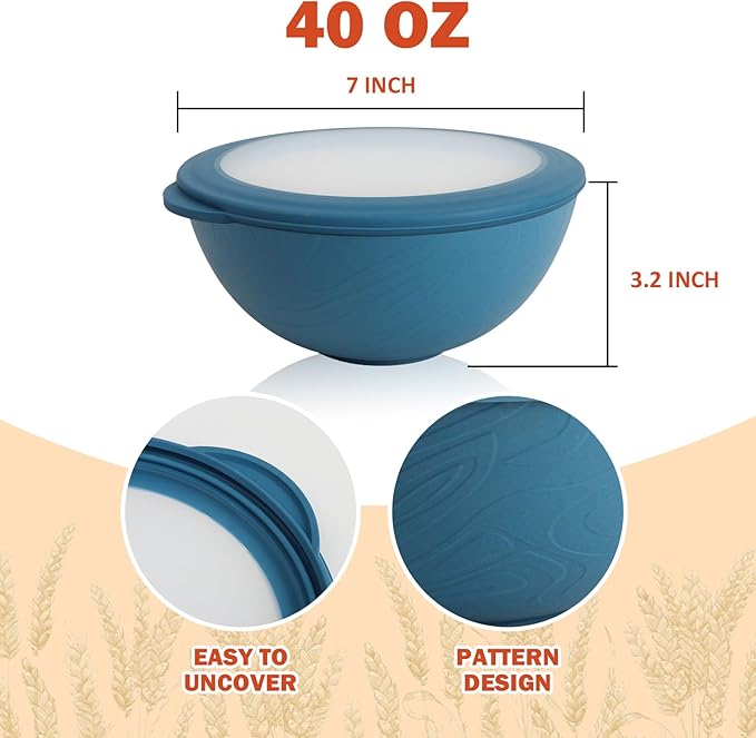 Wrova 40oz wheat straw bowls with lids set of 4,cereal bowls with covers anti-leaking,unbreakable salad container for lunch, dishwasher safe bowl sets for kitchen. Vibrant Series