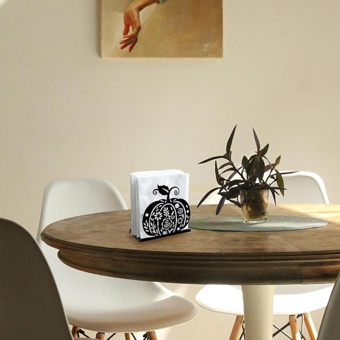 Pumpkin Flower Decorative Black Metal Napkin Holder for Table, 5.3" x 4.9" x 1.9" Fall Thanksgiving Standing Napkin Holder for Home Kitchen Restaurant Picnic Party Coffee Bar Dining Room