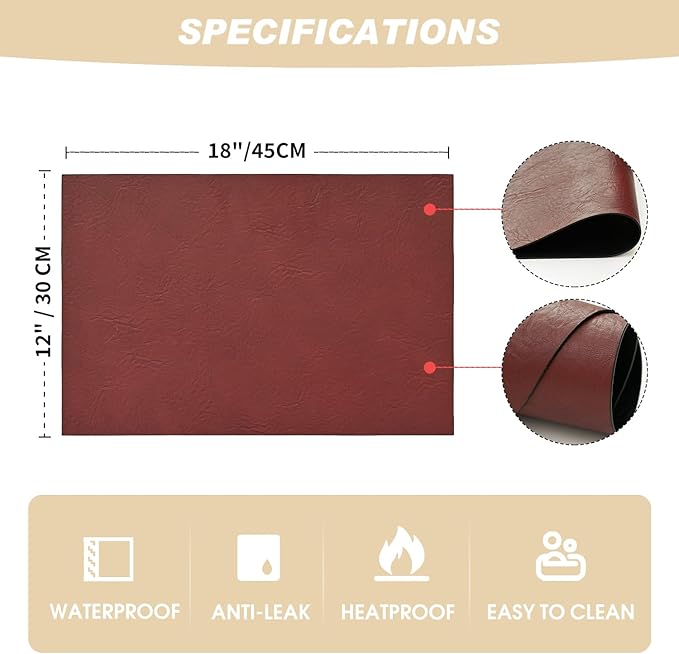 Artoid Mode Red Faux Leather Placemats Set of 4, 12x18 Inch Waterproof Wipeable Heat Resistant Vinyl Place Mats, Reversible Table Mats for Christmas Kitchen Dining Decor