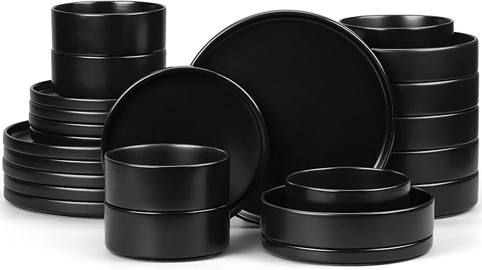 E-far Black Dinnerware Sets with Pasta Bowls, 24-Piece Stoneware Plates and Bowls Sets for 6 | Microwave & Dishwasher Safe Kitchen Modern Dish Set, Matte Black