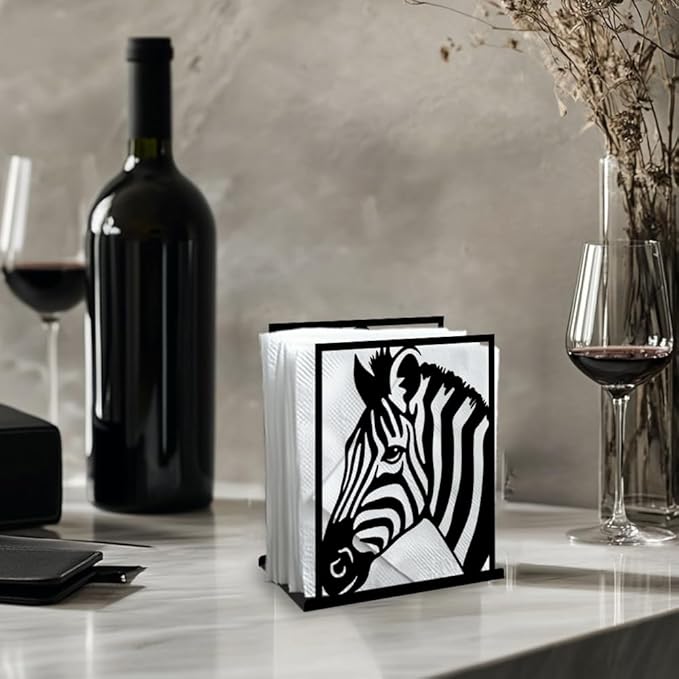 Zebra Decorative Black Metal Napkin Holder for Table, 5.3" x 4.9" x 1.9" Zebra Wild Animal Standing Napkin Holder for Home Kitchen Restaurant Picnic Party Coffee Bar Dining Room