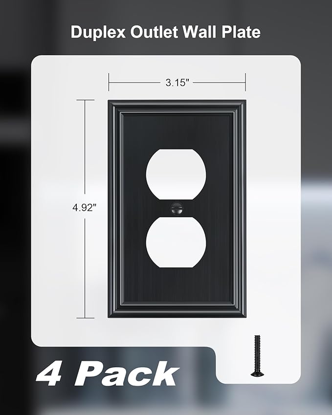 4-Pack Duplex Outlet Cover, Durable Solid Zinc Alloy Decorative Switch Plates and Outlet Covers, Black Wall Plates for Electrical Outlets, 1 Gang Receptacle Cover, Corrosion Resistant