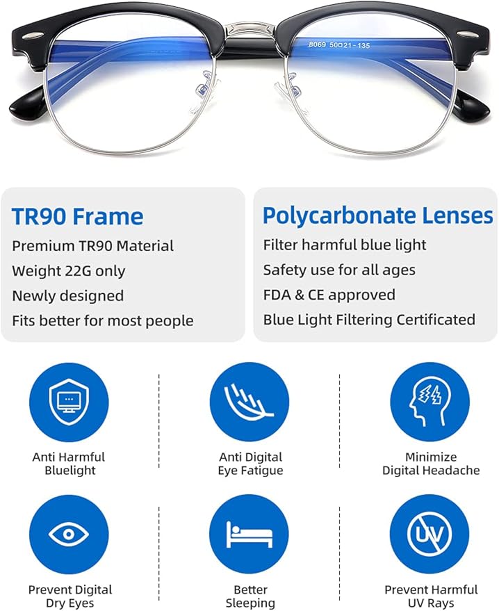 SOAR&EAGLE 3 Pack Blue Light Blocking Glasses,Computer Gaming Glasses,Retro Semi Rimless UV400 Clear Lens Computer Eyewear