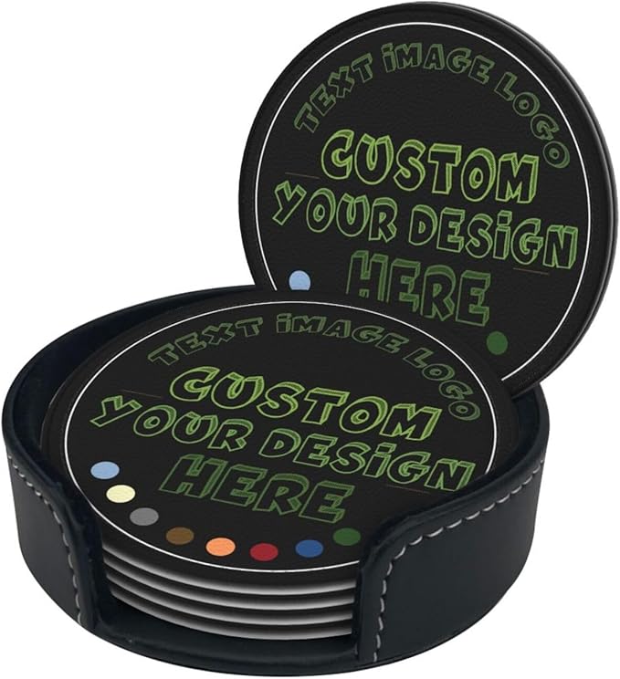 Custom PU Coasters with Logo, Customized Coasters, Personalized Leather Coaster, Custom Coaster Set of 6, Gift for Christmas/Valentine’s Day, Bar Accessories for Whiskey/Wine, Leather Gift
