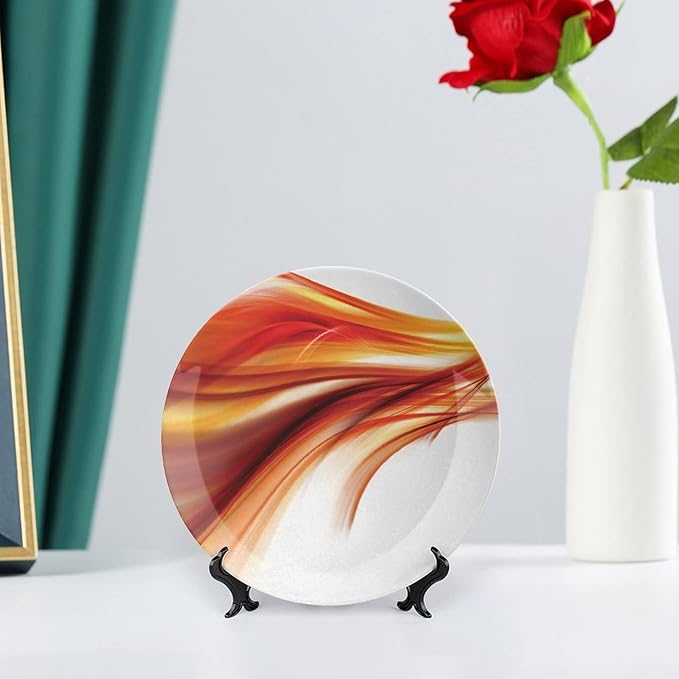 Ceramic Display Plate, Abstract Ceramic Hanging Decorative Plate, Modern Smooth Lines Blurred Smock Art, 10 Inch, Living Room Kitchen Decoration Household, Orange Red