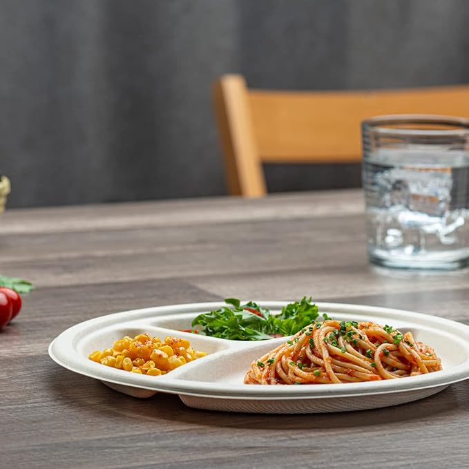 GUSTO [Case of 500 10 Inch Heavy-Duty 100% Compostable, 3 Compartment Eco-Friendly, Disposable Sugarcane Paper Plates - Brown Unbleached (Formerly Comfy Package)