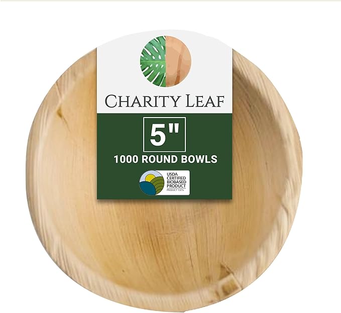 Charity Leaf Disposable Palm Leaf 5" Round Bowl (1000 pcs) Dipping Bowls | Bamboo Like| All Natural and Biodegradable | Charcuterie Boards, BBQs, and Parties