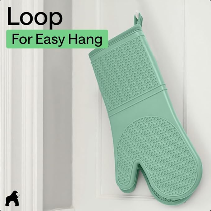 GORILLA GRIP BPA-Free Soft Silicone Oven Mitts, 14.5x8.3, Heat Resistant and Waterproof Cooking Gloves, Thick Cotton Lining, Flexible Gripping for Baking Grilling, Kitchen Potholders Set of 2, Mint