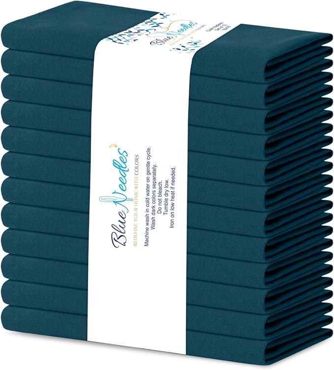 Blue Needles Solid Cloth Napkins Set of 12 Crystal Teal 100% Cotton Dinner Napkins 18x18 inches - Soft, Reusable, Absorbent & Washable Linen, Ideal for Wedding Events, Parties & Everyday Use