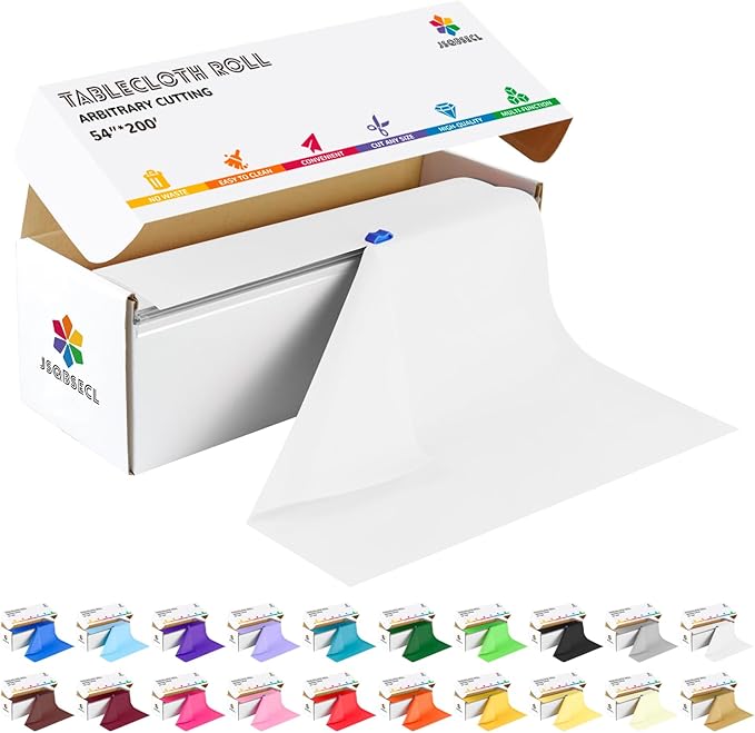 54 Inch X 200 Feet Plastic Table Cover Roll with Convenient Slide Cutter, Disposable Plastic Table Cloth Roll with Cut-to-Size Design for Weddings, Banquets, Parties (White)