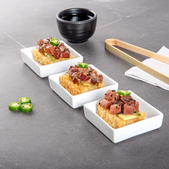 Restaurantware 2.5 Inch Mini Dishes 10 Oven-Safe Square Sauce Dishes - Microwave-Safe Serve Appetizers Desserts or Condiments White Porcelain Tasting Plates For Samples or Individual Portions