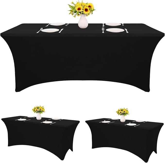 HAISIWLKJ 3 Pack Table Cloth 8ft Black Tablecloths for Rectangle Folding Table Spandex Fitted Stretch Table Cover Wrinkle Resistant Washable Table Protector for Party, Wedding, Banquet, Festival.