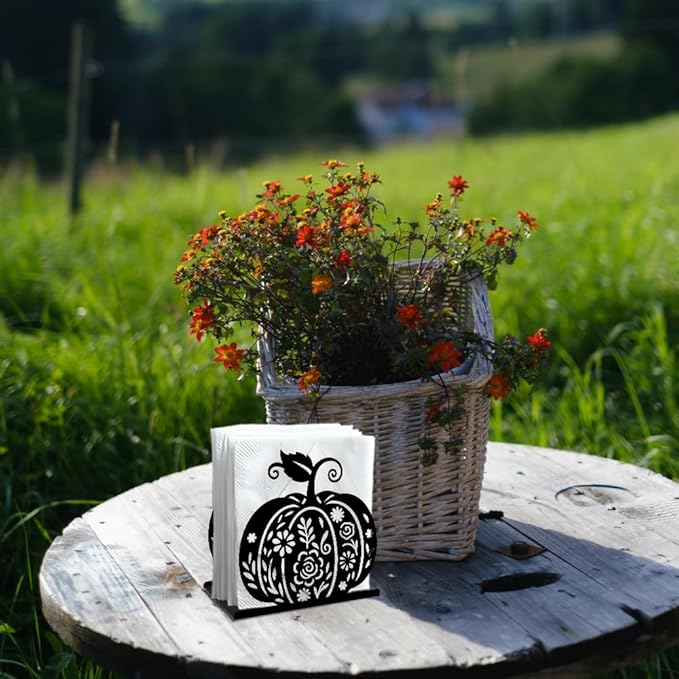 Pumpkin Flower Decorative Black Metal Napkin Holder for Table, 5.3" x 4.9" x 1.9" Fall Thanksgiving Standing Napkin Holder for Home Kitchen Restaurant Picnic Party Coffee Bar Dining Room