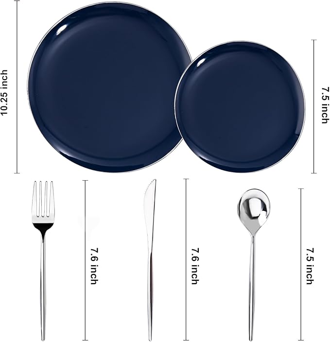 I00000 150Pcs Blue Plastic Plates,Hanukkah Plastic Plates,Navy Blue Disposable Plates with Silverware include 30 Dinner Plates10.25,30 Dessert Plates10.25,90 Silver Silverware Set for Party