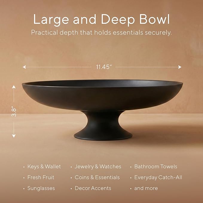 Large Black Decorative Bowl, Modern Pedestal Bowl for Home Decor, Decorative Fruit Bowl for Kitchen Counter, Stylish Key Bowls for Entry Table, 11.45” Diameter & 3.8” Height