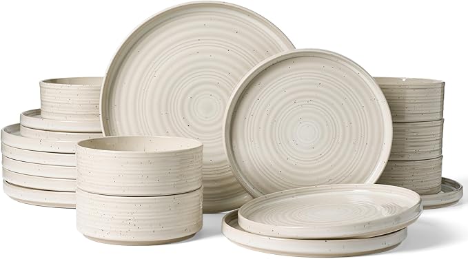 Plates and Bowls Sets for 6 (18-Piece) Stoneware Reactive Glaze Dinnerware with Speckles & Spirals, Chip and Scratch Resistant Straight Dishes Set with Gift Box, Microwave Dishwasher Safe, Shell Beige