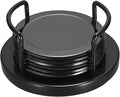 JUXYES Set of 6 Stainless Steel Round Coasters with Holder & Sponge Bottom, Black Metal Cup Coasters Set Stunning Cool Coaster Cups Mats Decor for Restaurant Kitchen bar Dining Table