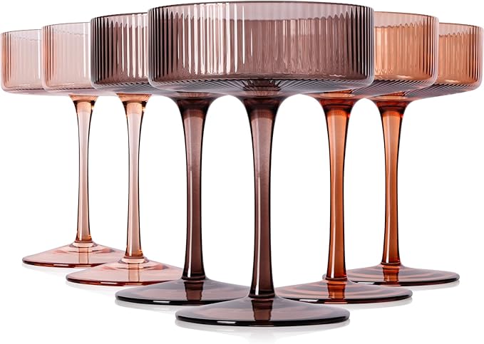 9 oz Brown Coupe glasses Set of 6-Hand Blown Venus ribbed vintage coupe glasses-Brown martini glasses for espresso dessert