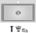 ROVATE 28 ×18 Inch Drop-in Kitchen Sink 304 Stainless Steel Single Bowl, Handmade 18 Gauge 9 Inches Deep Kitchen Sink Topmount with Basket Strainer
