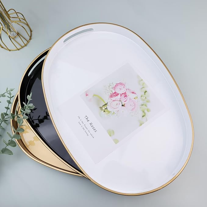 Black Oval Decorative Tray with Handles, Versatile Serving Tray for Coffee Table, Ottoman, Ideal for Serving, Displaying, Organizing