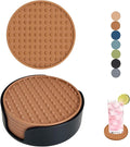Set of 6 Silicone Coasters, 4'' Drink Coaster with Holder, Round Coasters for Drinks Beer Coffee Home Office Bar Desk Tabletop Protection, Non-Slip Rubber Coaster (Tawny, 6 Pcs-Plastic Holder)