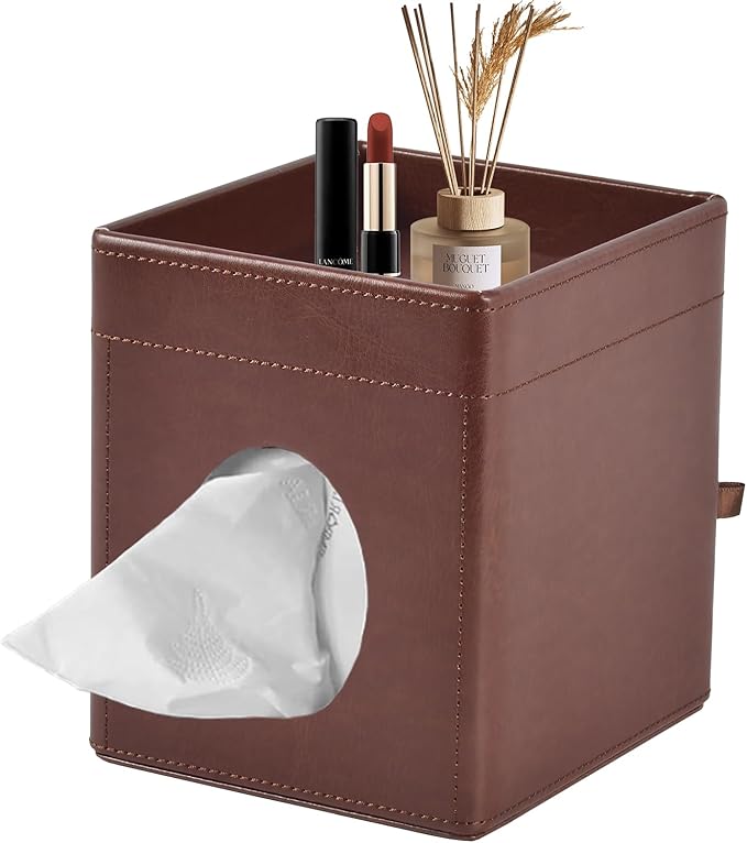 Tissue Box Cover Square Tissue Box Holder PU Leather Facial Tissues Organizer with Storage Tray for Bathroom Vanity Bedroom Office Car,Stylish Napkin Caddy Decorative Organizer (Brown)