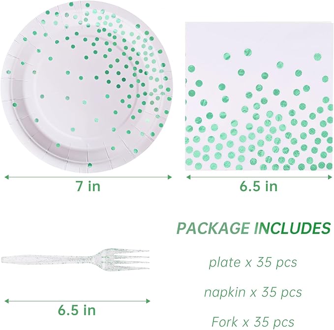 Green Party Supplies,White and Green Dot Plates and Napkins for Birthday Wedding All Occasions(Serve 35 Guests 7 Inch)