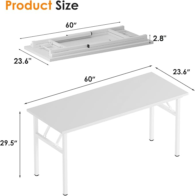 Need Folding Computer Desk, Large 60 inches Folding Table for Home Office, No Install Needed Foldable Writing Table Desk, White