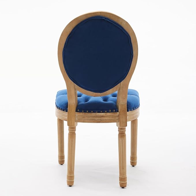 Ball & Cast French Vintage Upholstered Dining Chairs Set of 2, Button Tufted Kitchen Side-Chairs with Carved Antique Wood Frame & Nailhead Trims, 2-Piece Curved Backrest Louis Chair, Velvet Blue