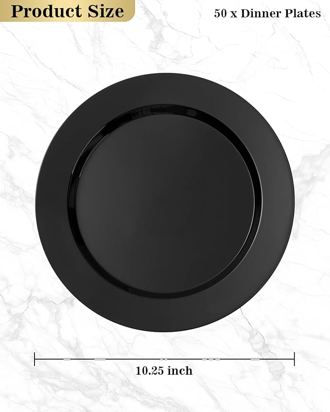 BESTVIP 50PCS Black Plastic Plates, 10.25 Inch Disposable Dinner Plate Party, Heavy Duty Disposable Plastic Plates - Ideal for Parties, Wedding and Birthday, Everyday Meals Use