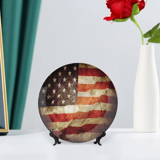 Ceramic Plates, American Flag Decorative Ceramic Plates, Grunge Look Patriotic, 7 Inch, Household Plates Decorative, Multicolor