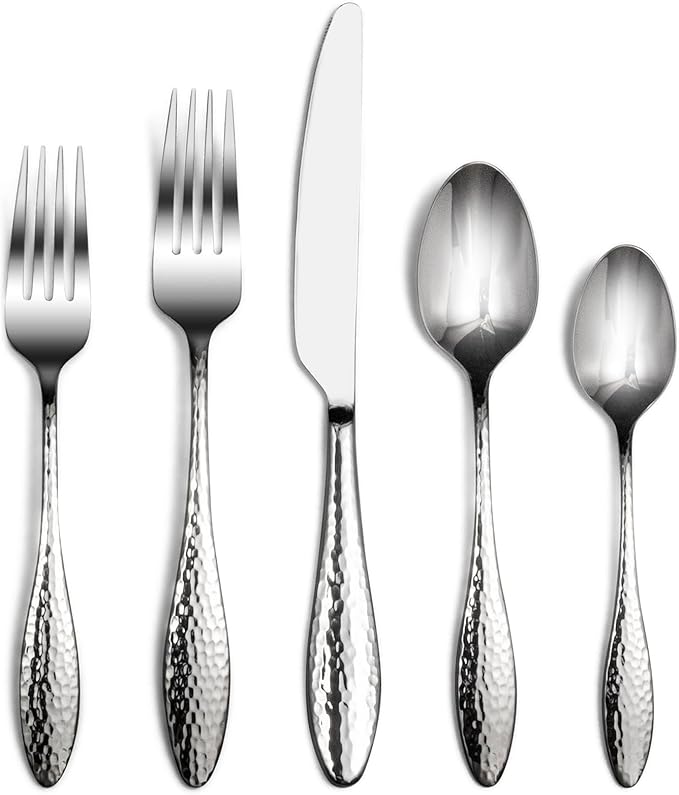 Alata Emma 40-Piece 18/10 Silverware Set, Hammered Flatware Set, Heavy Duty Stainless Steel Cutlery Set, Modern Kitchen Utensils, Dinnerware Sets Service for 8, Mirror Polished & Dishwasher Safe