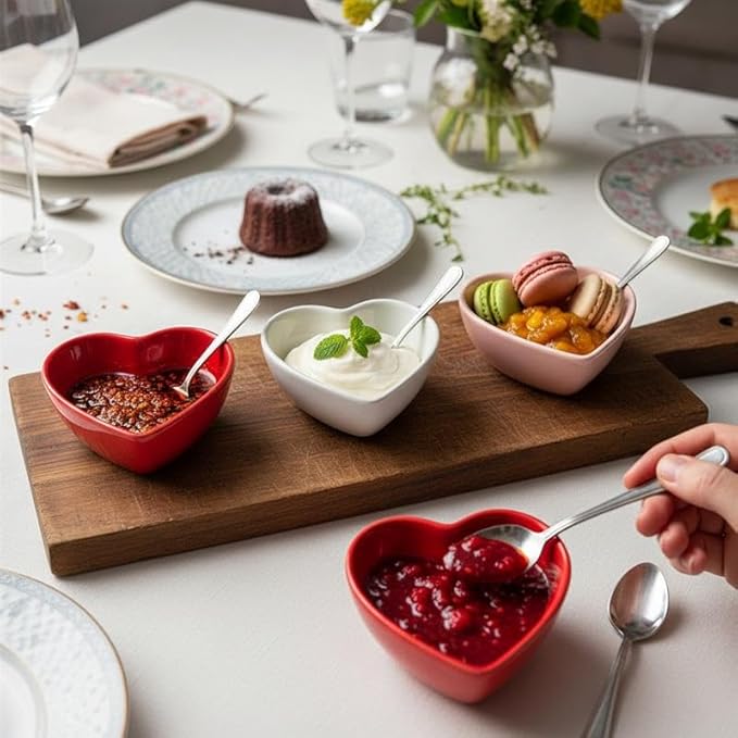 BIA Valentine Heart Dishes, Set of 3 – 6 oz Stoneware Bowls, Heart-Shaped Serving Pieces for Snacks, Dips, Spices, Candy & Dessert Displays – Microwave, Oven & Dishwasher Safe