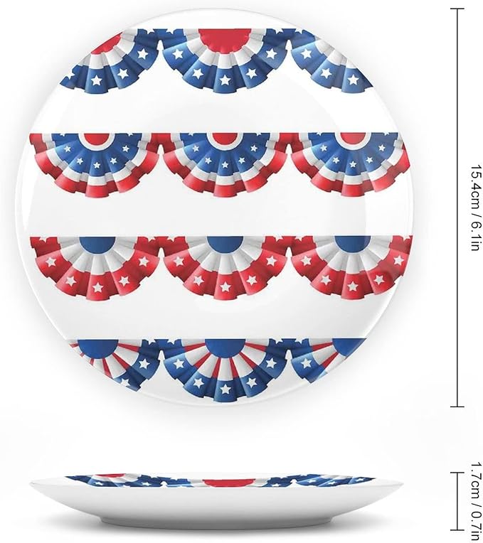 Ceramic Display Plate, American Flag Decor Ceramic Hanging Decorative Plate, Flag Round Bunting Election Ornament Pattern, 8 Inch, Household Custom Ceramic Plate, Blue Red