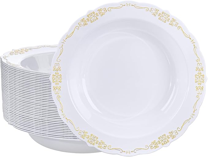 DaYammi 30 Pack Plastic Bowls with Gold Rim, 12oz Disposable Soup Bowls, Gold Bowls Disposable Heavy Duty Dinner Bowl for Wedding, Serving bowls for Party, Dinners, Catering and Everyday Use