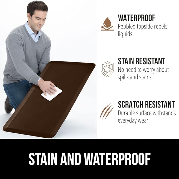 GORILLA GRIP Comfortable Cushioned Kitchen Mats for Floor, 48x20, Waterproof and Stain Resistant Soft Top, 3/4 Inch Thick Ergonomic Standing Desk Anti Fatigue Mat, Foam Supports Ankles and Feet, Brown