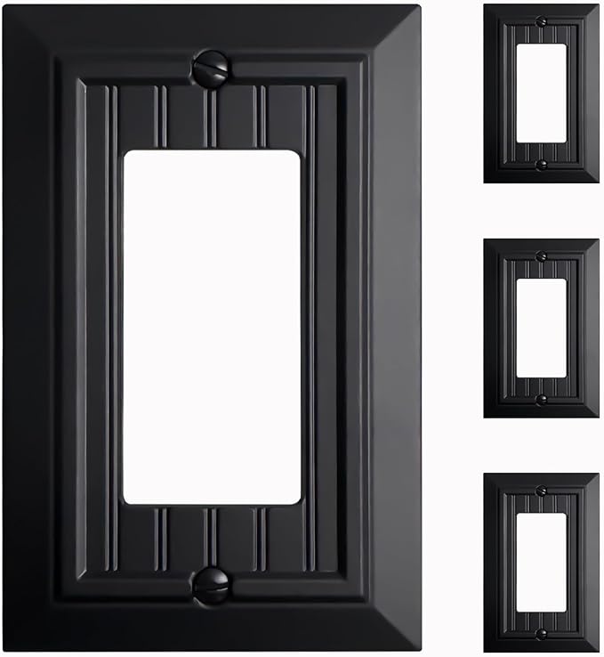 Beadboard Outlet Covers Wall Plates, Bamboo Fiber Light Switch Covers, Natural Material Electric Receptacle Decorative Switch Plate Outlet Cover Matte Black (1 Gang Decorator 4 Pack)