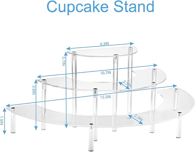 Acrylic Display Riser - 3 Tier Clear Cupcake Stand, Perfume Organizer, Half Moon Dessert Stand, Shelf for Food, Amiibo Funko POP Figure Display