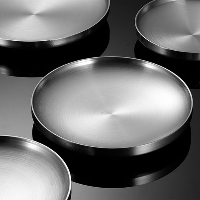 Stainless Steel Plates 6 Pcs Metal Double Layered Dinner Plates Unbreakable Dinner Dishes Set for Kitchen Home Camping Outdoor Party BBQ (7.5 inch)