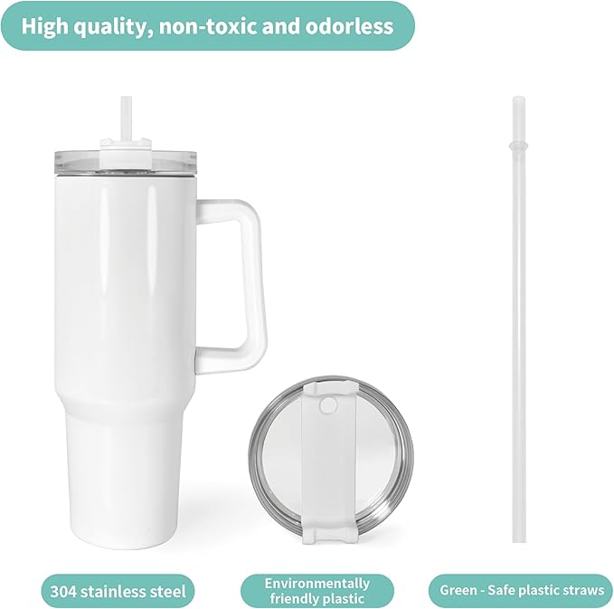 40 oz Sublimation Tumblers 40 Pack with 5 Color Handle Lid and Straw Stainless Steel Double Wall Vacuum Insulated Travel Mug Cup Bulk Blank for DIY Gift