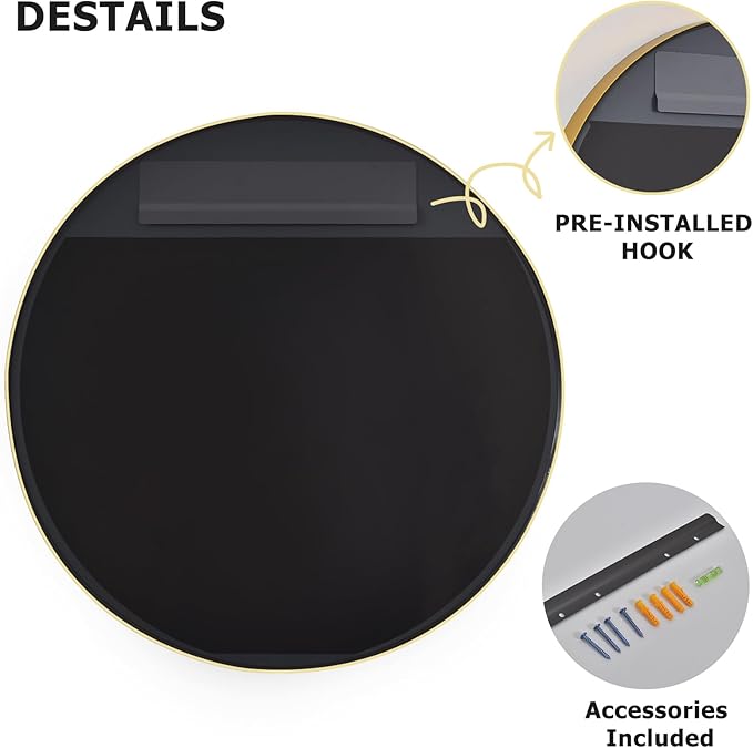 24 Inch Round Bathroom Mirror - Wall Mounted Circle Mirror with Metal Frame, Modern Mirror Suitable for Bathroom, Vanity, Entryway, Living Room, Wall Decor,Gold